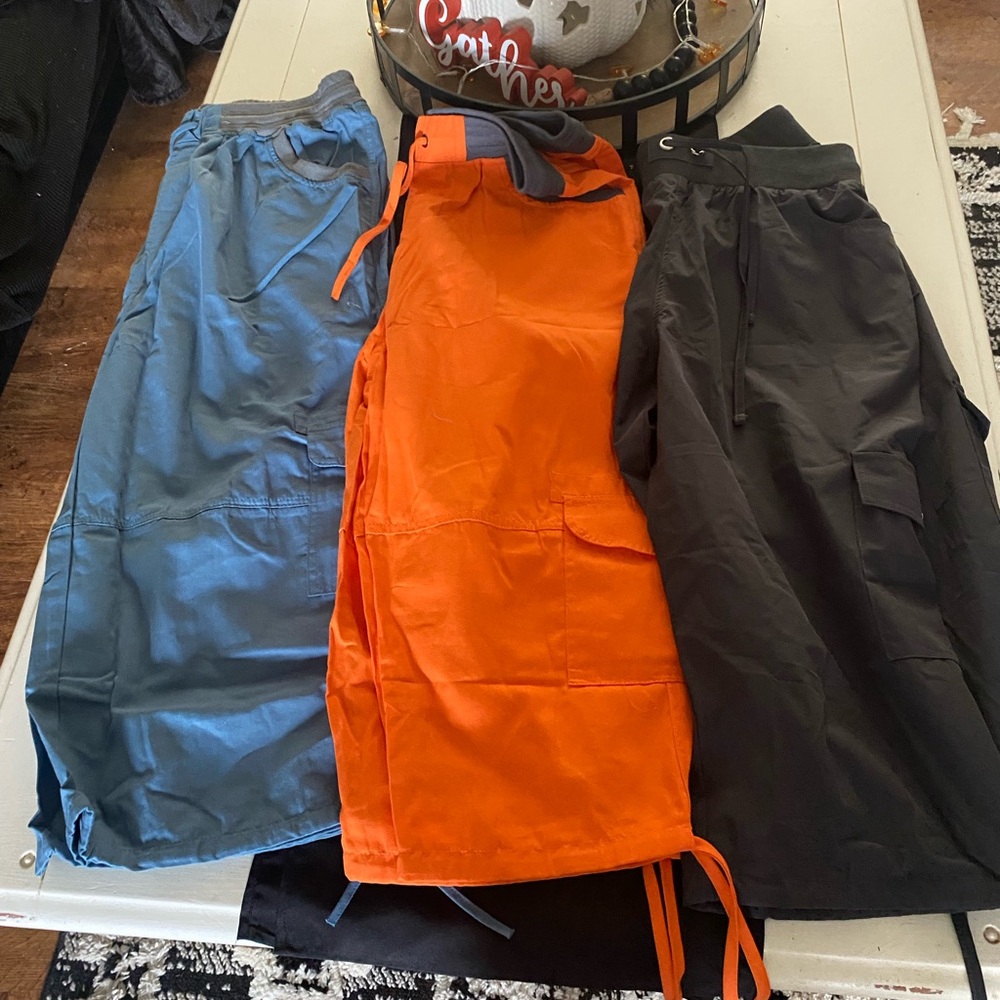 Set of Three Cargo pants.  Crop.  in Blue, Orange, and Black. New.